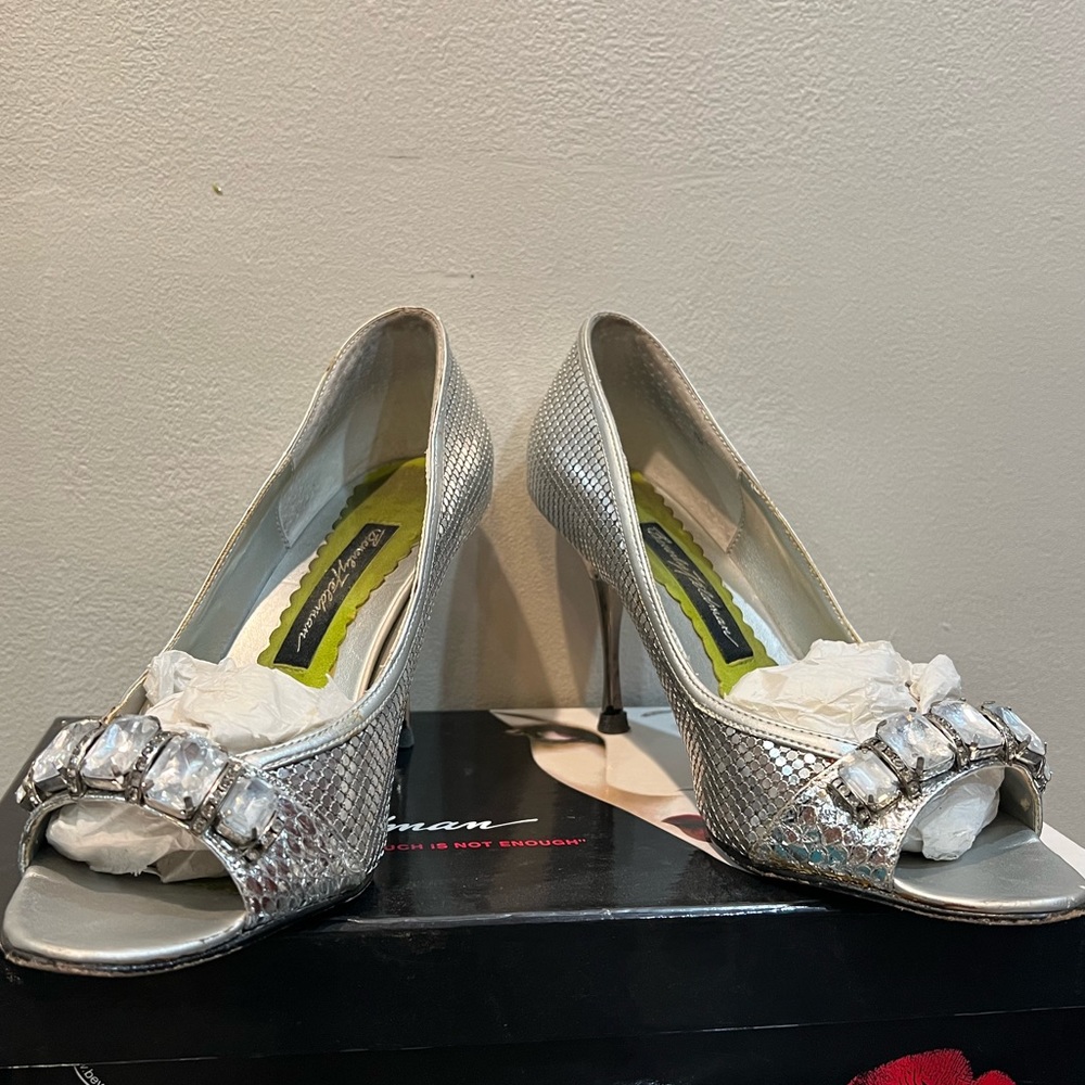 Silver metallic open toe stilettos